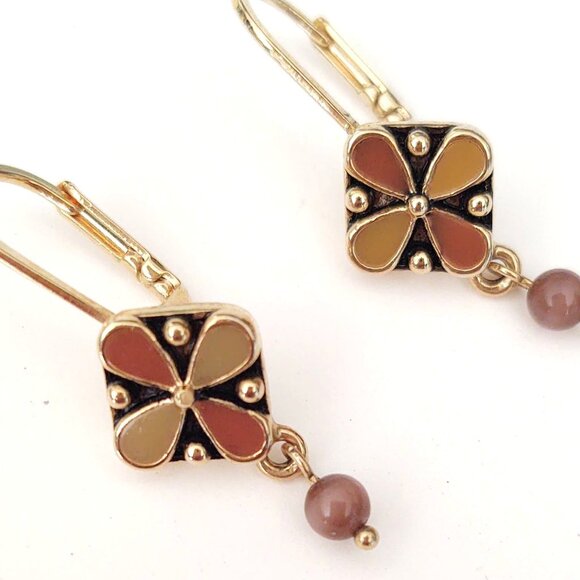 tan & burnt orange with black accent enamel drop earrings with tiny bead dangles - Picture 4 of 5